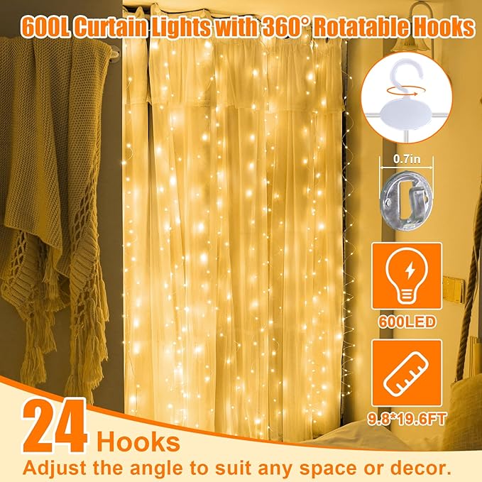 600LED Curtain Lights for Bedroom, 19.6ft x 9.8ft Fairy Curtain String Light with 24 Hooks, 8 Modes Hanging Lights for Wedding, Party, Backdrop, Window, Xmas Decor, Warm White