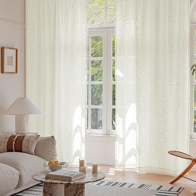 Anmao Cream Semi Sheer Light Filtering Curtains 54 Inches Long 2 Panels, Leaf Pattern Drapes for Living Room Bedroom, Rod Pocket Privacy Window Treatments with Floral Design, 52x54 Inch, Ivory