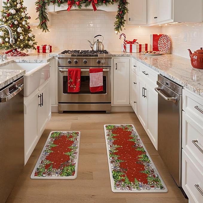GENIMO Christmas Decorations - Kitchen Mats for Floor, 2PCS Christmas Kitchen Rugs, Cushioned Anti Fatigue Mat for Home Decor, Waterproof Non Slip Standing Mat for Laundry, 17.3"x47"+17.3"x30", Red