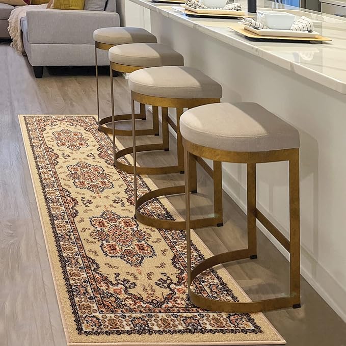 Antep Rugs Alfombras Oriental Traditional 2x10 Non-Skid (Non-Slip) Low Profile Pile Rubber Backing Indoor Runner Rugs (Beige, 2' x 10')
