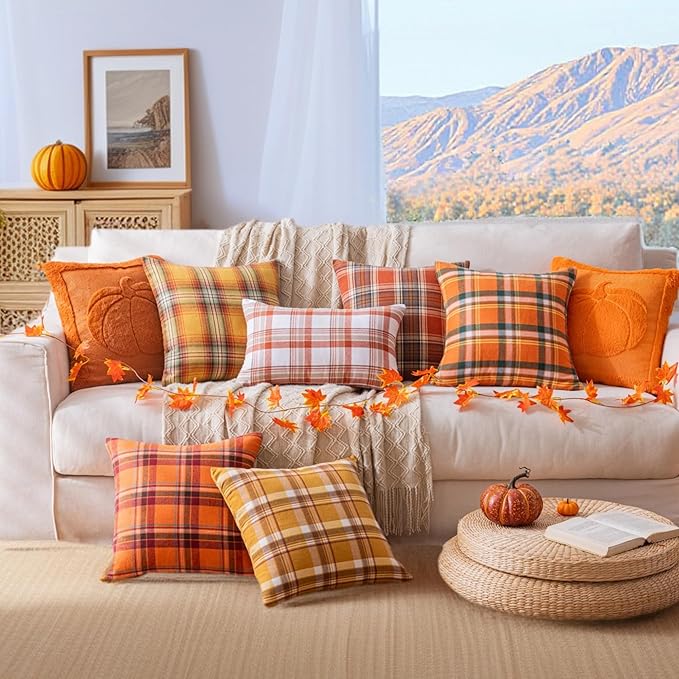 Fall Plaid Orange Green Throw Pillow Covers 20x20 Inch, Set of 2 Autumn Decorative Throw Pillows for Couch Sofa Bed Living Room Home Decor, Accent Pillow Cases for Farmhouse Couch Cushion Covers