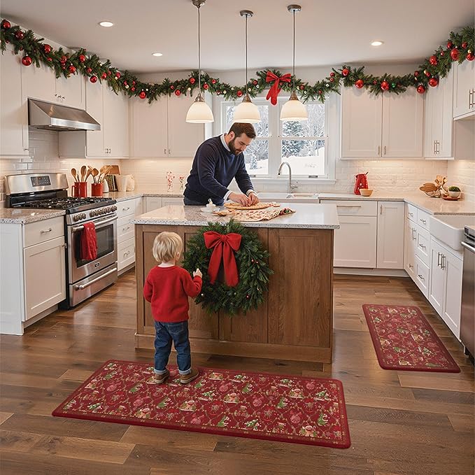 GENIMO Christmas Decorations - Kitchen Mats for Floor, 2PCS Christmas Kitchen Rugs, Cushioned Anti Fatigue Mat for Home Decor, Waterproof Non Slip Standing Mat for Laundry, 17.3"x59"+17.3"x30", Red