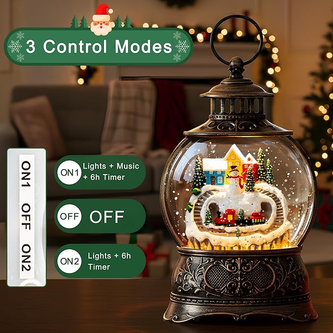 9.8" Christmas Snow Globe Water Lantern with Snowman and Train Scene Battery Operated or USB Powered Musical Lighted Holiday Decoration for Tabletop Display for Family and Friends