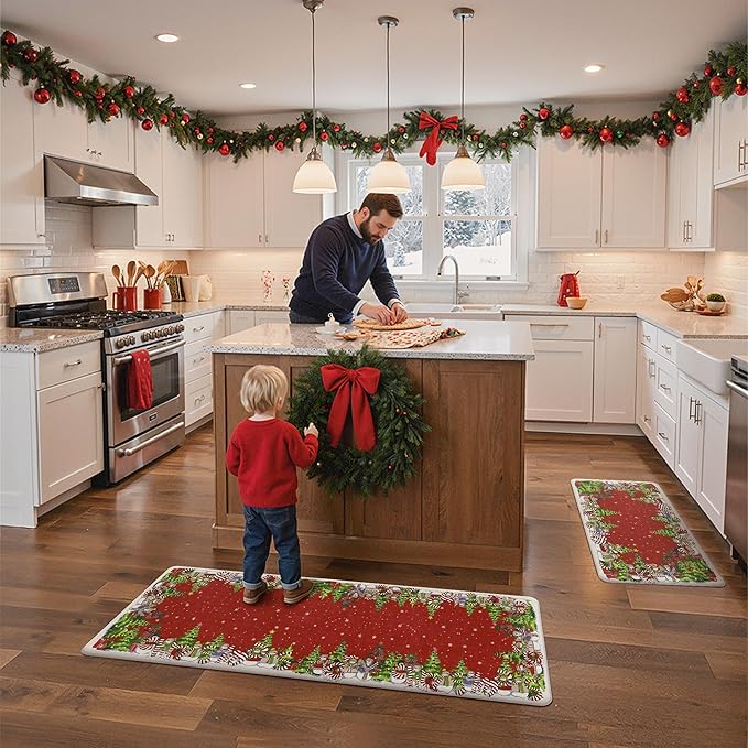 GENIMO Christmas Decorations - Kitchen Mats for Floor, 2PCS Christmas Kitchen Rugs, Cushioned Anti Fatigue Mat for Home Decor, Waterproof Non Slip Standing Mat for Laundry, 17.3"x59"+17.3"x30", Red