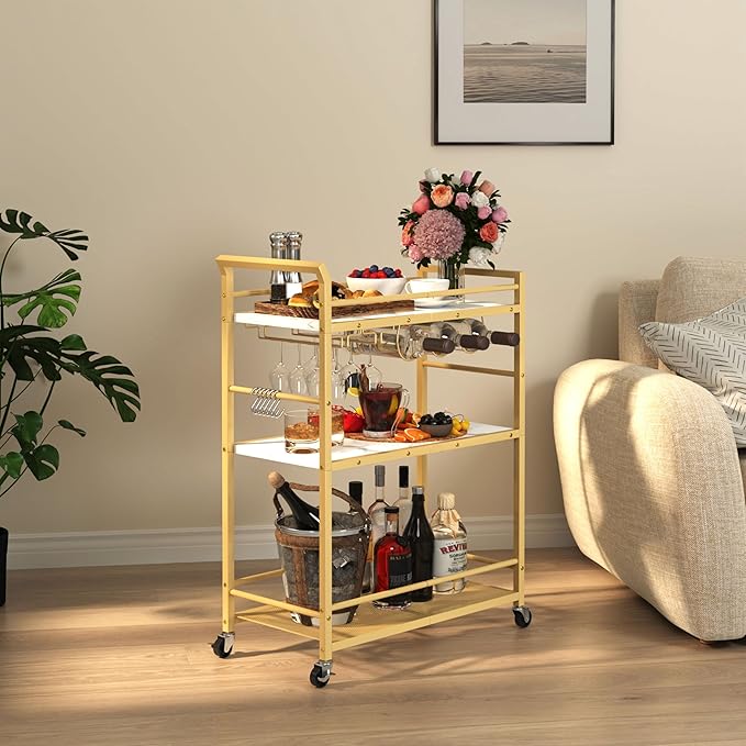 3 Tier Bar Cart, Home Bar Serving Cart with Wheels, Small Rolling Beverage Cart with Glass Holders, Mini Drink Cart with Wine Rack for Kitchen Dining Living Room Gold GBC507G