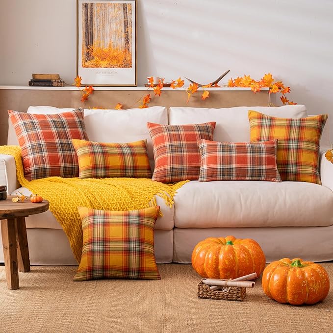 AQOTHES Fall Plaid Yellow Throw Pillow Covers 22x22 Inch, Set of 2 Autumn Decorative Throw Pillows for Couch Sofa Bed Living Room Home Decor, Accent Pillow Cases for Farmhouse Couch Cushion Covers