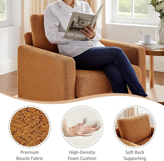 VANOMi Accent Chair 29.5" Reading Chair, Modern Living Room Chair with Thick Cushion&Wood Base, Comfy Upholstered Boucle Armchair, Single Sofa for Bedroom, Office, Curry Set of 2