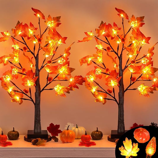 2 Pack 24 Inch Prelit Fall Maple Tree Decor with 48 LED Timer Fall Thanksgiving Decorations Battery Operated Lighted Pumpkin Acorn Maple Artificial Tabletop Tree Thanksgiving Table Decor Home Indoor