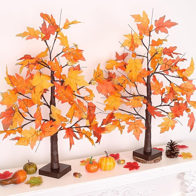 2 Pack 24 Inch Fall Maple Tree with 48LED Thanksgiving Table Decorations Battery Operated Lighted Tabletop Artificial Tree with Pumpkin Acorn Maple Fall Centerpieces Indoor Fall Decorations for Home