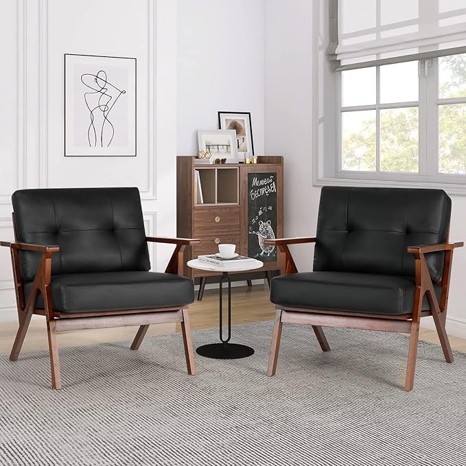 AODAILIHB Mid Century Modern Accent Chair, Retro Wood and Leather Armchairs, Vintage Reading Side Chair Comfy Accent Sofa for Living Room, Bedroom, Studio, Office (1, Black)