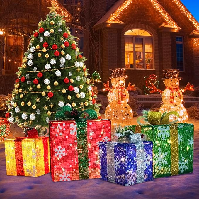 DomKom Set of 4 Christmas Lighted Gift Boxes, 70 Led Light Up Colorful Iron Frame Present Box with Pine Cones Bows for Xmas Tree Party Yard Holiday Indoor Outdoor Decoration
