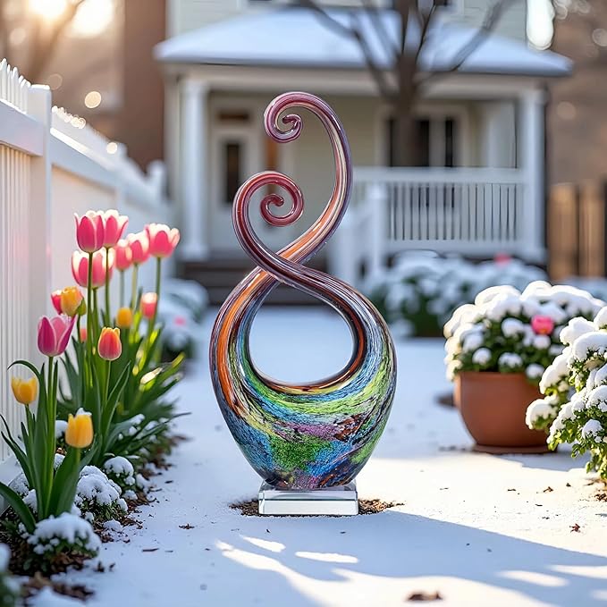 14″ Hand Blown Glass Art Sculpture with Fluid Design and Clear Square Base - Weatherproof Indoor & Outdoor Use Decor - Abstract Glass Art Piece