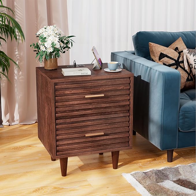 Alohappy Night Stand with Charging Station, Bedside Table with 2 Drawers, Mid Century Modern End Table, Bed Side Table with USB Ports and Outlets, Nightstand for Bedroom, Brown 1pc