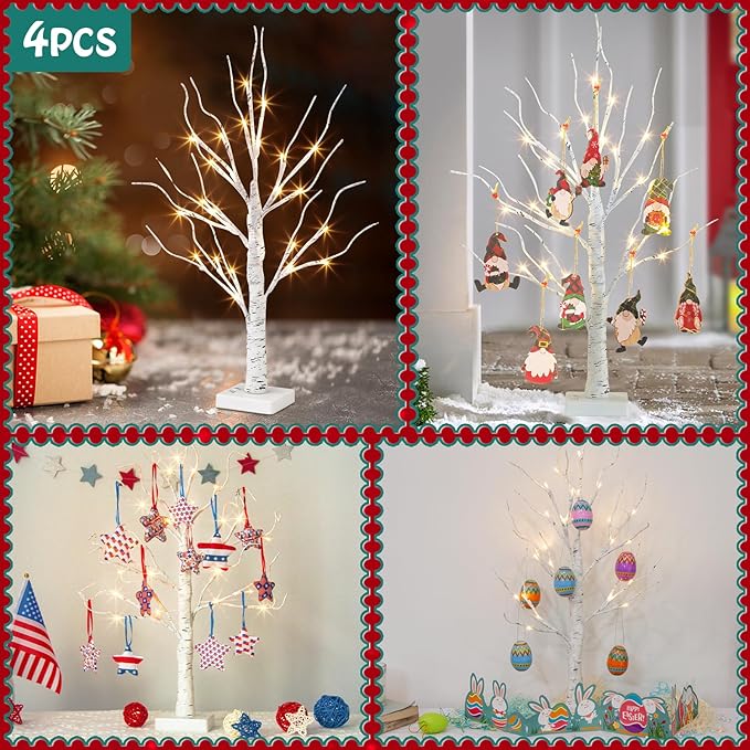 Vanthylit Christmas Tree Decorations, White Birch Tree with LED Lights- Set of 4, Warm White Small Tree Lights Battery Powered/USB, Timer Lighted Tree for Home Wedding Indoor Outdoor Decor (2 FT)