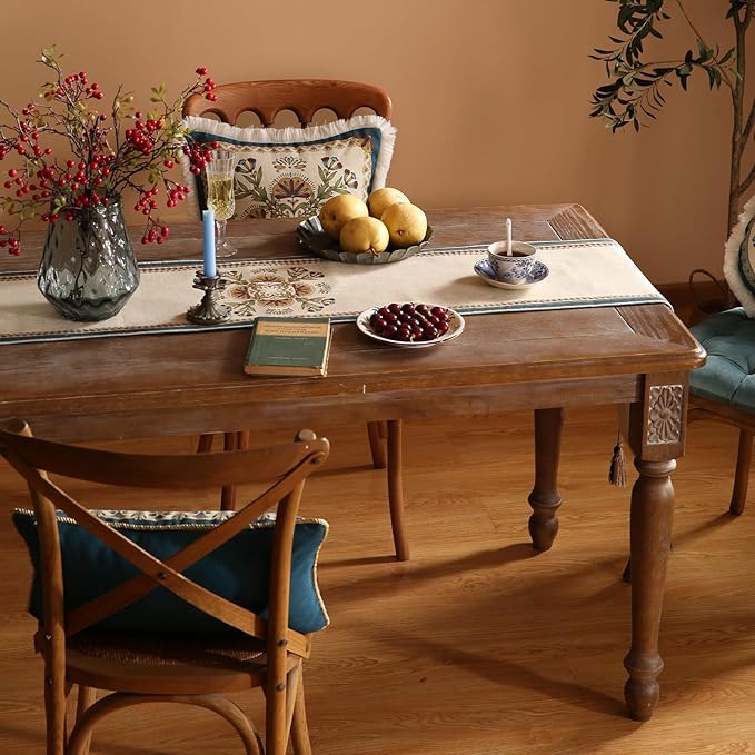 patdrea Designer Beige Farmhouse Geometric Patterned Extra Long,Wrinkle Resistant Linen Table Runner 118 Inch Long,Decoration for Kitchen Dining and Coffee Tables Banquet Christmas , 12"x118"