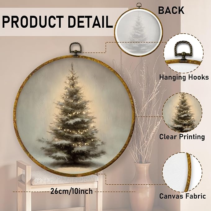 QZQE Vintage Christmas Tree Round Wall Art Decor Framed, Winter Xmas Tree Circle Canvas Prints, Rustic Cozy Winter Cottagecore Circular Wall Hanging Decor for Home Bedroom Living Room, 10x10 Inch