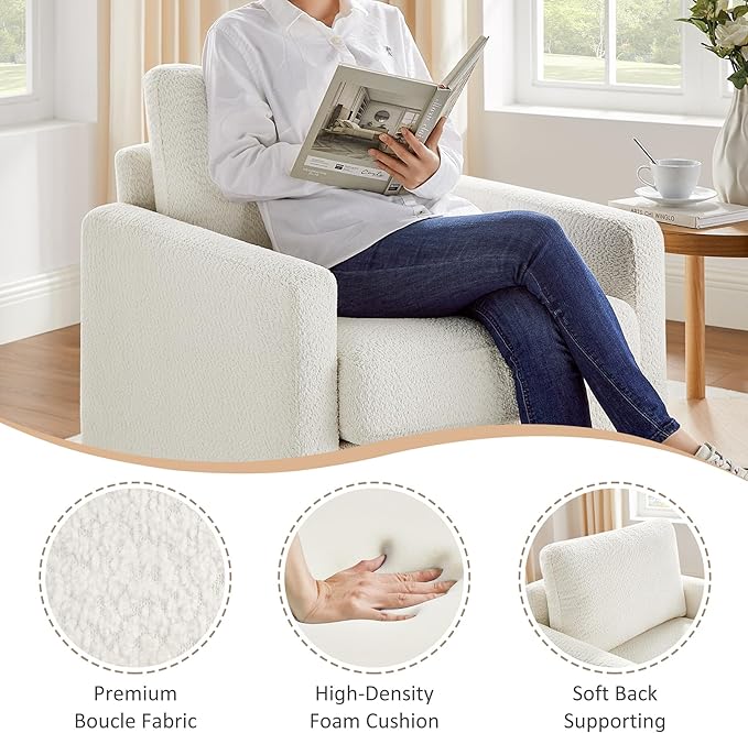 Accent Chair 29.5" Reading Chair, Modern Living Room Chair with Thick Cushion&Wood Base, Comfy Upholstered Boucle Armchair, Single Sofa for Bedroom, Office, White