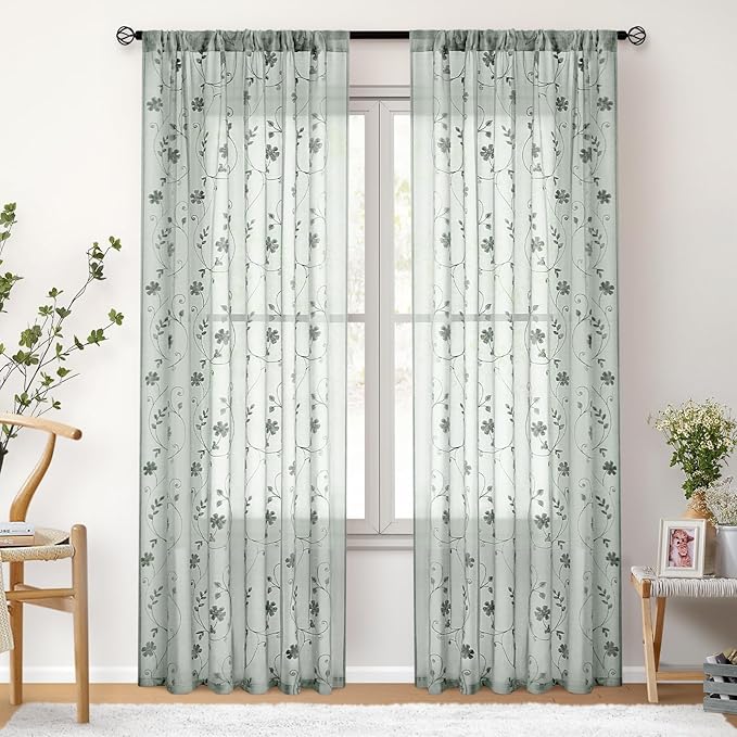 HOMEIDEAS Sage Green Sheer Curtains 84 Inches Long 2 Panels Embroidered Floral Pattern Semi Sheer Window Curtains for Bedroom Living Room