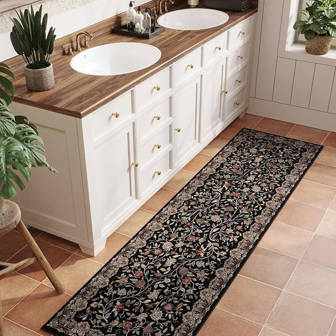 Rugcomf Vintage Paisley Kitchen Runner Rug 2'x6' - Machine Washable, Non-Slip Low Pile Floral Carpet for Laundry, Bedroom, Bathroom - Black