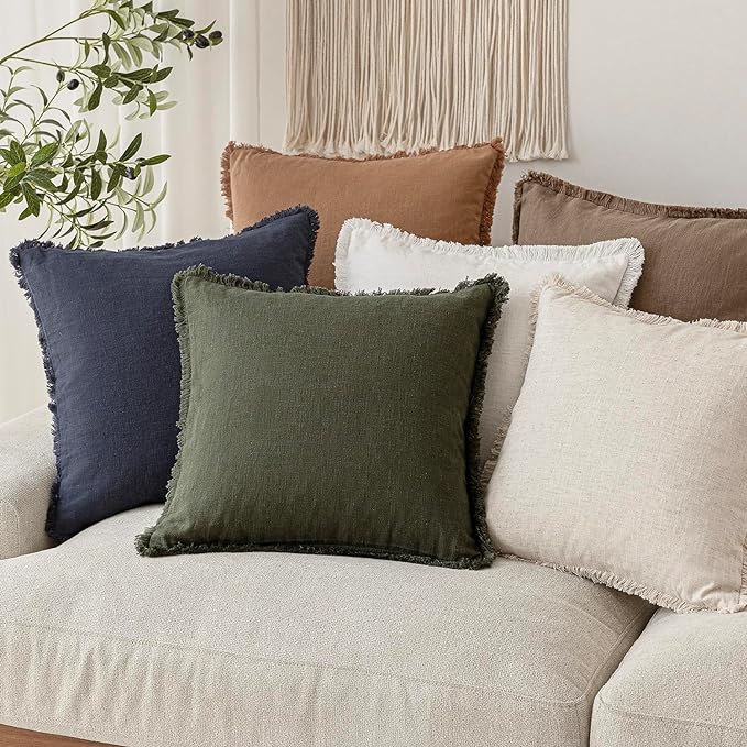 Foindtower Set of 2 Decorative Linen Fringe Throw Pillow Covers Cozy Farmhouse Cushion Cover with Tassels Accent Pillowcase for Couch Chair Sofa Bed Living Room Home Decor,20×20 Inch,Dark Olive Green