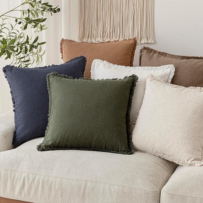 Foindtower Set of 2 Decorative Linen Fringe Throw Pillow Covers Cozy Farmhouse Cushion Cover with Tassels Accent Pillowcase for Couch Chair Sofa Bed Living Room Home Decor,24×24 Inch,Dark Olive Green