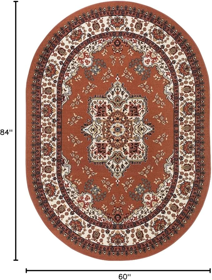 Antep Rugs Alfombras Oriental Traditional 5x7 Non-Skid (Non-Slip) Low Profile Pile Rubber Backing Indoor Area Rugs (Rust Brown, 5' x 7' Oval)