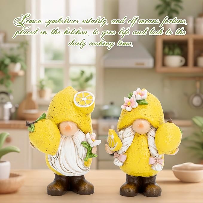Hodao Set of 2 Lemon Gnome Figurines Sets - Lemon-Themed Gnomes Indoor Home Decor for Summer - Decorative Gnomes for Kitchen, Living Room, or Shelf - Cute Yellow Ornaments for Thanksgiving (Yellow-1)