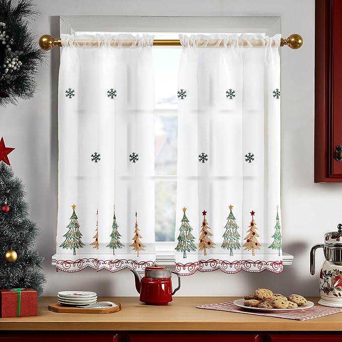 Deconovo Christmas Kitchen Tier Curtains, Embroidered Cafe Tiers, Semi Sheer Window Treatment with Rod Pocket, Light Filtering for Small Windows, Door & Sink Areas, 28W x 36L, Tree, 2 Panels