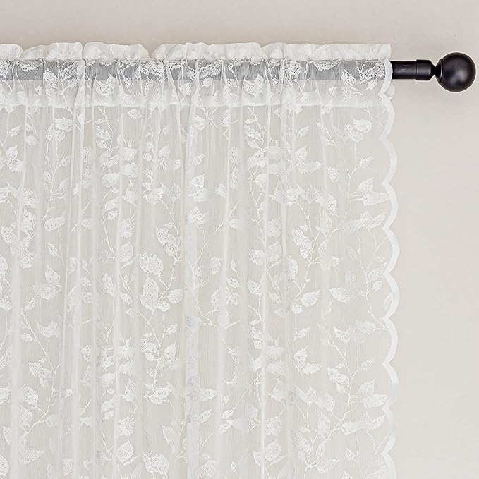 96-Inch White Lace Sheer Curtains – Vintage Leaf Pattern Lace for Bedroom/Living Room, Light Filtering Rod Pocket Drapes, Privacy Chic Window Treatments, 52W x 96L Inch, 2-Panel Set
