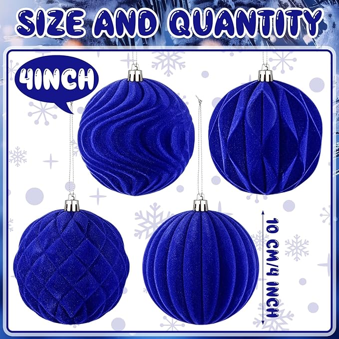 4 Pcs 4 Inch Large Velvet Christmas Ball Ornaments Vintage Christmas Plastic Ball Ornaments Flocked Tree Hanging Decoration for Xmas Party Wedding Home Decor(Deep Blue)