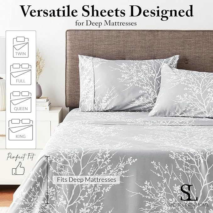 Spirit Linen home Twin Sheets Sets - Pure Microfiber 3 Piece Polyester Bed Sheets, Fitted Sheet & Pillow Cases - Twin Sheets for All Seasons (Foliage Burgundy/White, Twin/Twin XL)