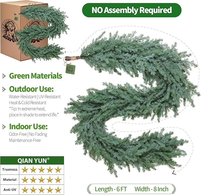 Norfolk Pine Garland – 6FT Artificial Christmas Garland, Greenery Garland for Winter Holiday Decorations, Indoor Outdoor Use on Mantel, Table, Wall or Door