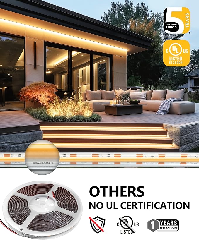 EMITEVER COB LED Strip Lights Waterproof IP67, 2700K Warm White Outdoor 24V Dimmable Silicone LED Tape Lighting 16.4ft High Density, 300+LM/ft, 2400LEDs,3W/ft, UL Listed (Power Supply Not Included)