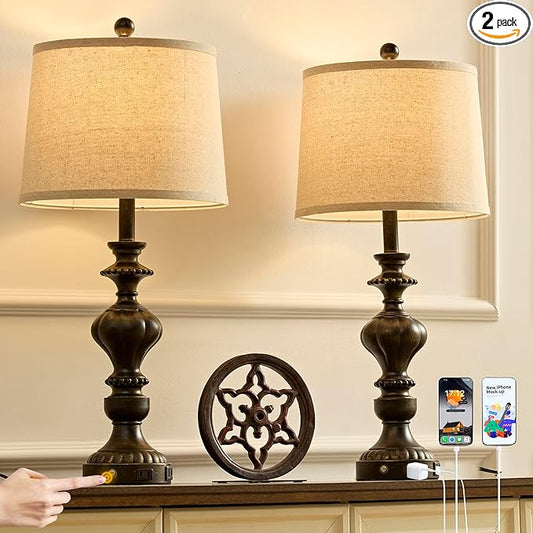 27.5" Farmhouse Table Lamps Set of 2 Bedside Lamp with USB C+A Ports & AC Outlet, 3 Way Dimmable Touch Lamps for Living Room Bedroom Office Hallway Rustic Nightstand Traditional Lamp