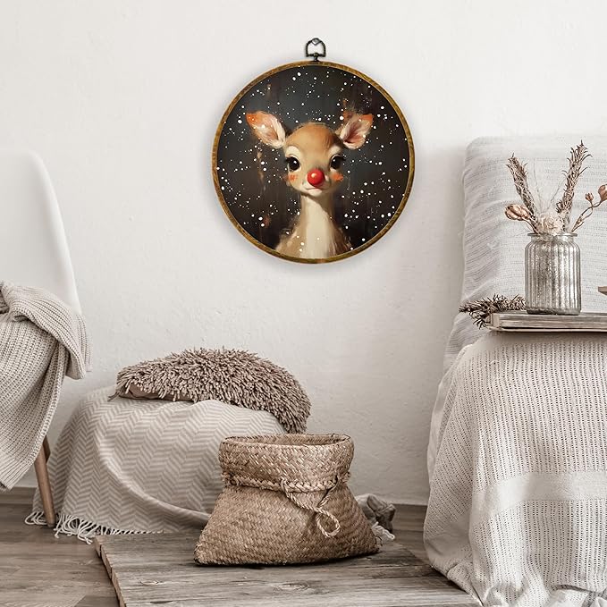 XPH Christmas Red Nose Reindeer Round Wall Art Framed, Christmas Whimsical Deer Circle Wall Decor, Xmas Rustic Winter Deer Hanging Canvas Prints for Home Bedroom Living Room Decoration, 10x10 Inch