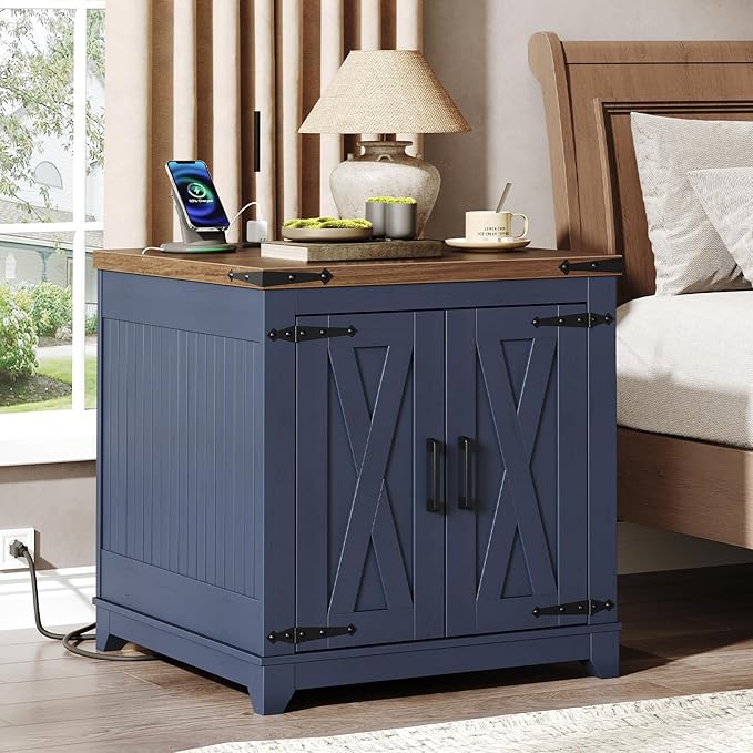 Farmhouse End Table Set of 2, Sofa Side Table with Charging Station and Adjustable Shelf, Wooden Nightstand for Living Room, Bedroom, Ink Blue and Walnut