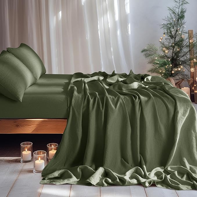 LBRO2M 100% Linen Sheet Set 16" Deep Pocket King Size,Bed Sheets 4 Piece Sets,Solid Color Natural Flax Bed Sheets Soft Breathable Bedding, All Season (King, Olive Green)