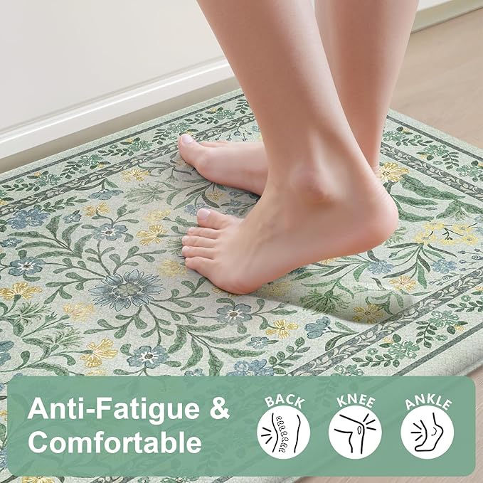 Collive Anti Fatigue Mats for Kitchen Floor, Cushioned Waterproof Sink Rug Set of 2 Spring Floral Kitchen Mat Comfort Non Skid Standing Rug for Office, Desk, Laundry, 17"x30"+17"x59"