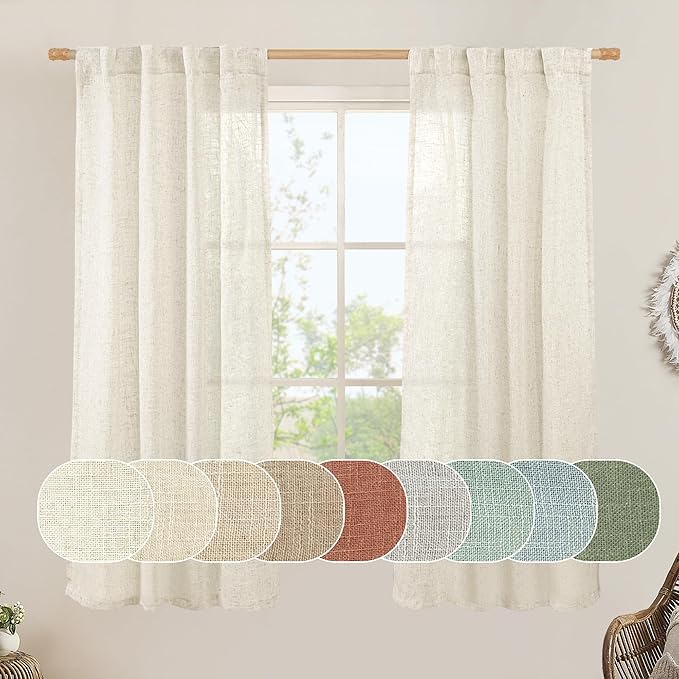LAMIT Natural Linen Semi Sheer Curtains 63 Inch for Bedroom, Light Filtering Neutral Window Curtains Farmhouse Boho Back Tab and Rod Pocket Panels, Natural Cream Ivory, 2 Panels, 38 x 63 Inch