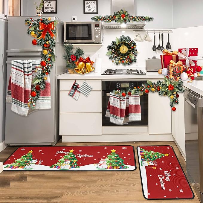 Christmas Kitchen Rug Set (2 PCS), Merry Christmas Snowman Indoor Kitchen Mat for Winter, Xmas Door Mat Runner Rug Mat for Kitchen Home Decor (17"x47"+17"x30",Snowman)