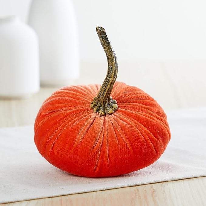 Your Heart's Content Small Velvet Pumpkins Set of 4, Luxury Velvet Fall Home Decor, Orange Pumpkin Accent, Halloween Centerpiece, Autumn Wedding Centerpiece (Sm Rust Harvest Bronze Tangerine)