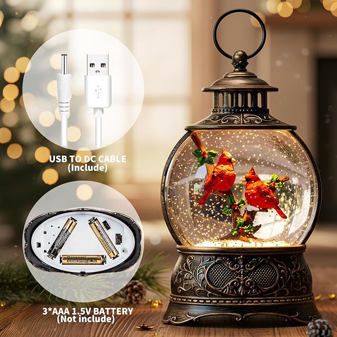 Christmas Snow Globe Lighted Cardinal Holly Scene, Musical Snow Water Lantern Swirling Glittering Home Decoration and Gift, Battery Operated or USB Powered