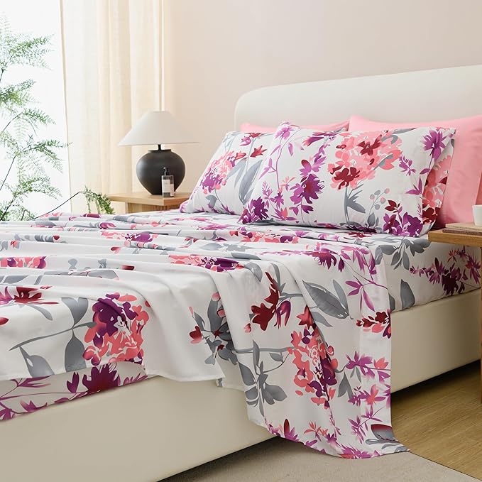 King Size Bed Sheets Set Deep Pockets - 6PC Floral Ultra Soft Microfiber Bed Sheets - Easy to Clean, 90 Thread Count Sheets with Fitted Sheet, Flat Sheet & Pillowcases (Grey/Pink Floral)