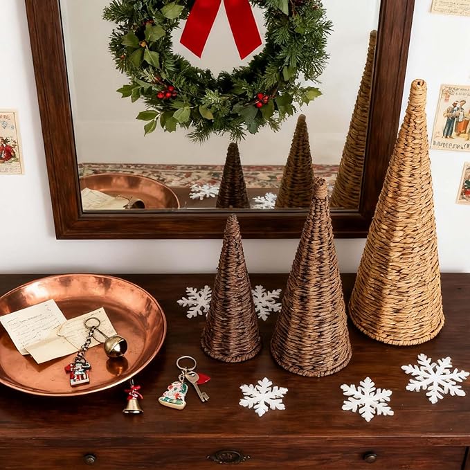3pcs Natural Woven Christmas Trees Decor, Artificial Christmas Tree Decorations for Home Party Table Village Craft Indoor Outdoor Vintage Christmas Decor(Khaki+Dark Brown+Dark Khaki)