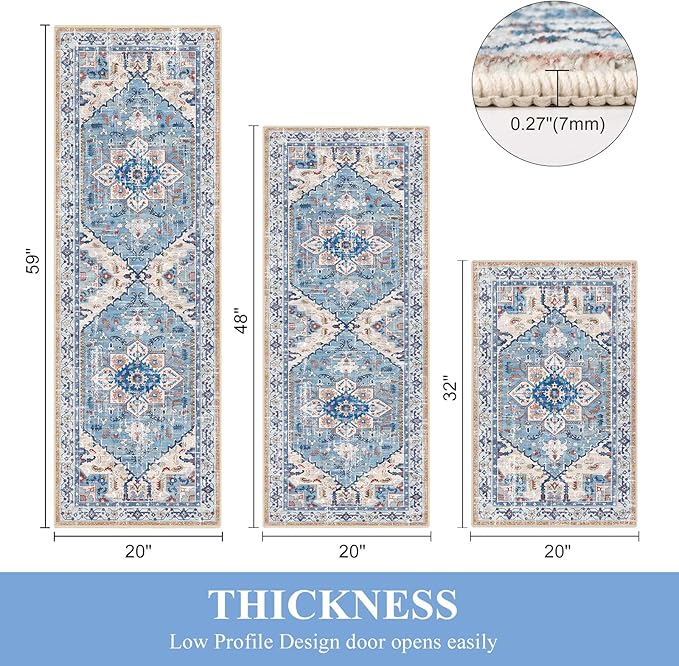 Yamaziot Boho Washable Kitchen Rugs Sets of 3, Non Slip Kitchen Mats for Floor with Rubber Backing, Waterproof & Stain Resistant Thick Carpet Runner Throw Rug for Kitchen, Laundry Room, Hallway