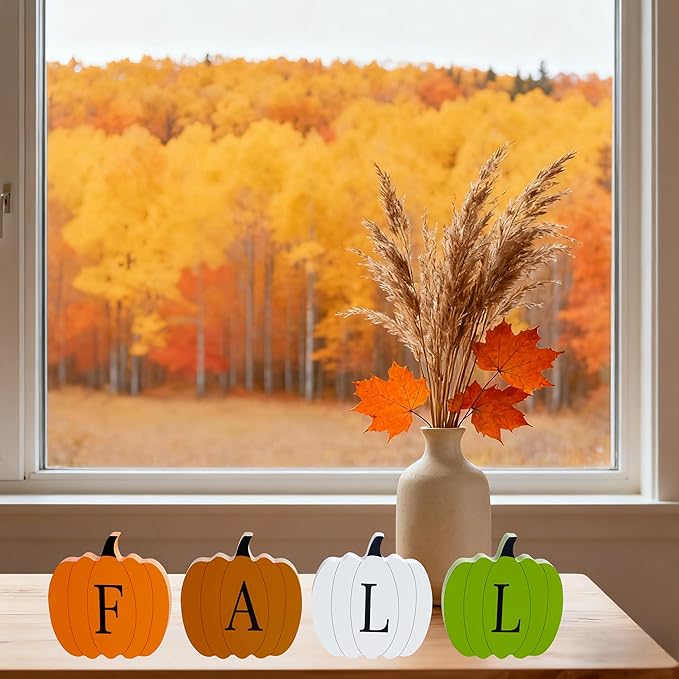 QINJIEJIE Fall Pumpkin Decor, Autumn Decorations for Home Halloween Decor Indoor, 4 Pcs Double-sided Pumpkin Wooden Sign, Thanksgiving Decorations for Indoor Home Office Table Tiered Tray Mantel