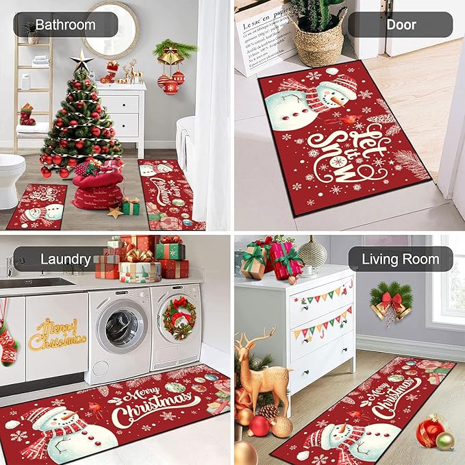Christmas Snowman Kitchen Rugs Non-Slip Holiday Floor Mats 2 Piece Set Vintage Decor Soft Absorbent for Sink Front 17x30 and 17x47 Inches