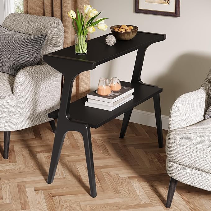 Tribesigns Set of 2 Wood End Table, Modern Narrow Sofa Side Table with Storage, 2-Tier Slim Wooden Bedside Table with Unique Legs for Bedroom, Living Room, Small Spaces, Easy Assembly, Black