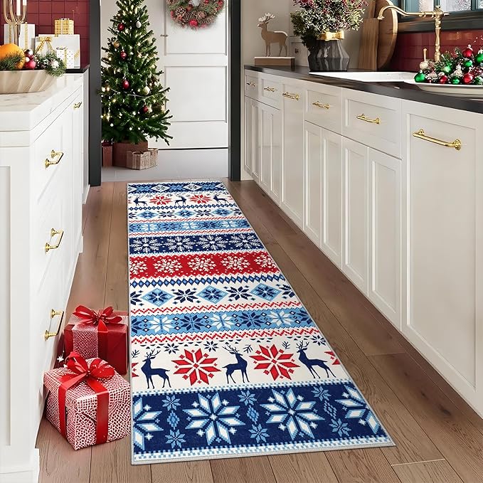 Hallway Runner Rug 2x6 Washable Christmas Runner Indoor Non-Slip Xmas Decorative Throw Floor Covers Boho Accent Festival Xmas Rug Farmhouse Rug Geometric Carpet for Living Room Bedroom, Blue