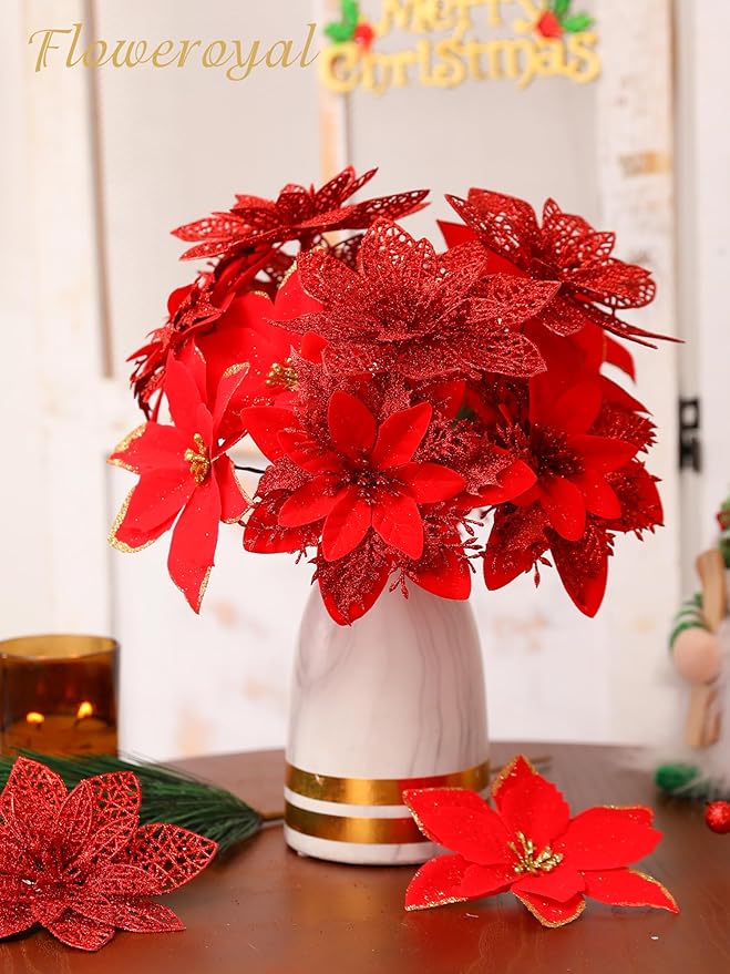 Floweroyal 60pcs Poinsettia Artificial Christmas Flowers Decorations with Clips and Berry Stems Glitter Ornaments for Christmas Tree Wreath Fireplace Stairs Decor (Red-3 Styles)